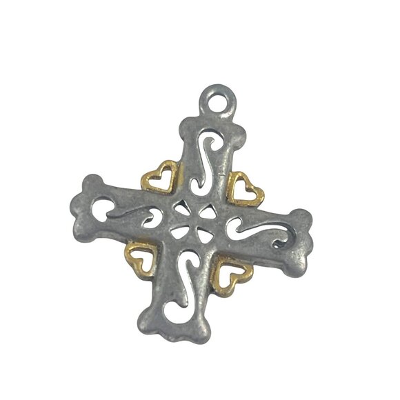 Vintage Look Cross Pendant Pewter and Gold Tone Hearts 2 Inch Craft Jewelry Char - Picture 1 of 6